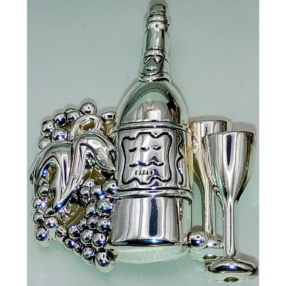 Vintage BEST Silver Tone Wine Bottle Grapes Goblets Brooch Pin